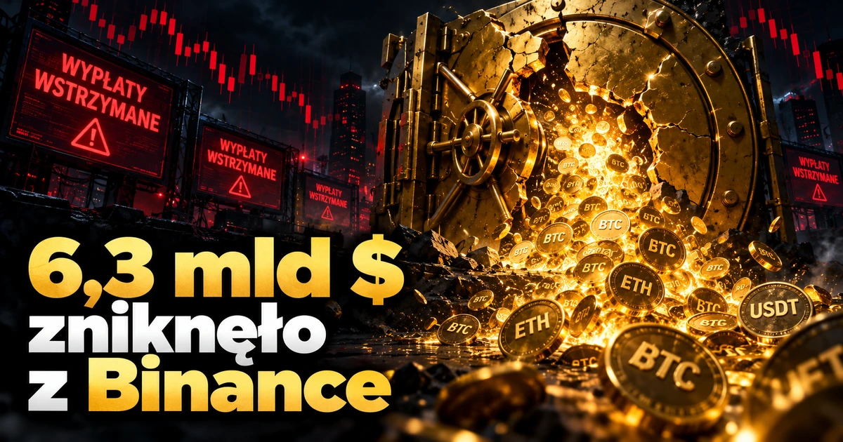 Pęknięty złoty sejf z wysypującymi się monetami kryptowalut, komunikaty „Wypłaty wstrzymane” i napis „6,3 mld $ zniknęło z Binance”.