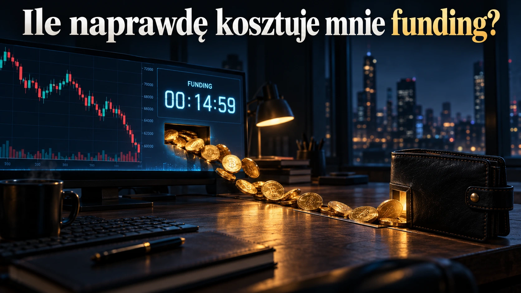 Realistyczna, kinowa scena nocna: biurko tradera, ekran z wykresem świecowym kryptowaluty i dużym licznikiem odliczającym czas do kolejnego rozliczenia. Z ekranu wysypują się złote monety, które powoli przelewają się przez szczelinę do drugiego, ciemniejszego portfela po drugiej stronie biurka.
