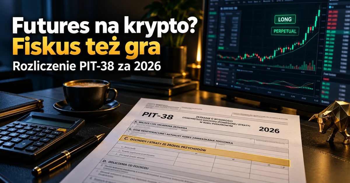 Biurko tradera z pozycją long na monitorze, formularzem PIT-38 za 2026 z zaznaczoną sekcją C, kalkulatorem i kawą.