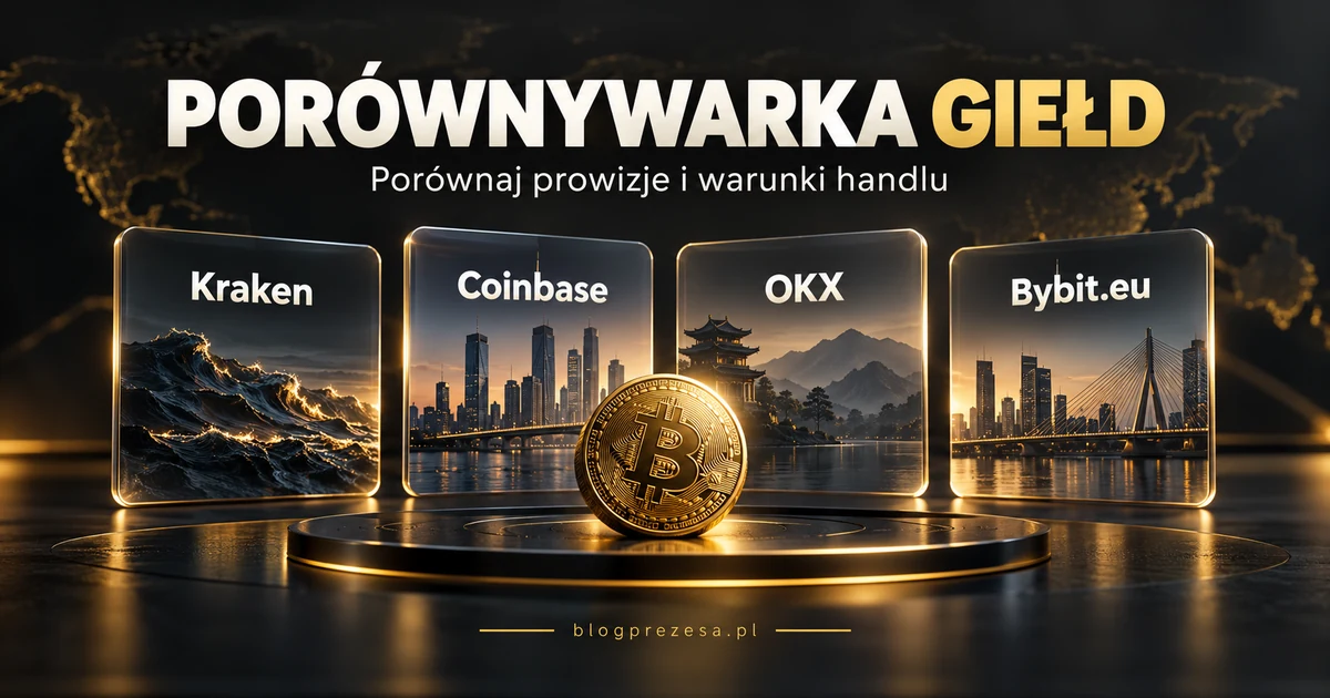 Porównywarka giełd kryptowalut: Kraken, Coinbase, OKX i Bybit.eu na grafice z monetą Bitcoin.